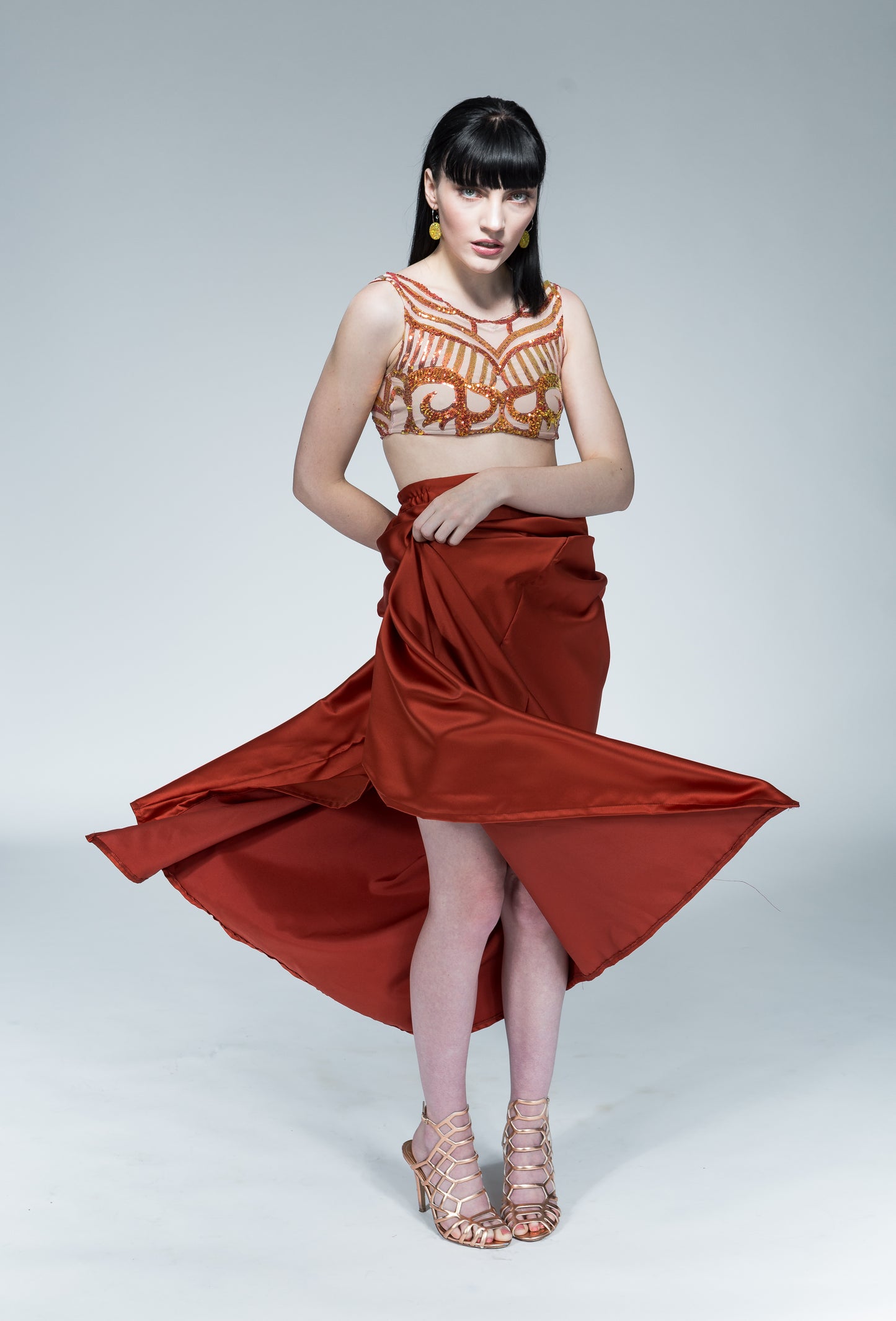 Duchess Satin Pleated Skirt : Burnt Orange