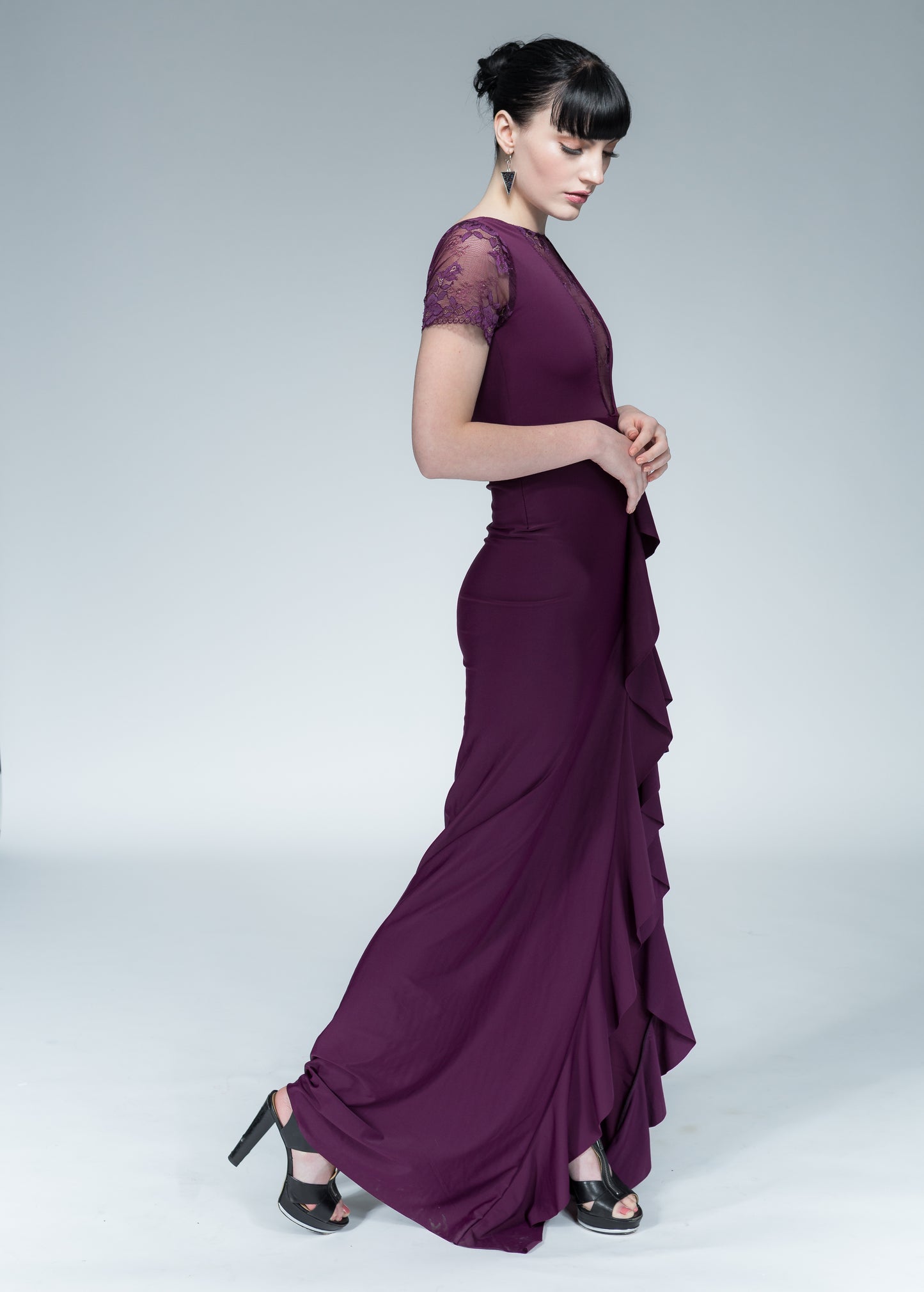 Merlot French Lace Ruffle Gown