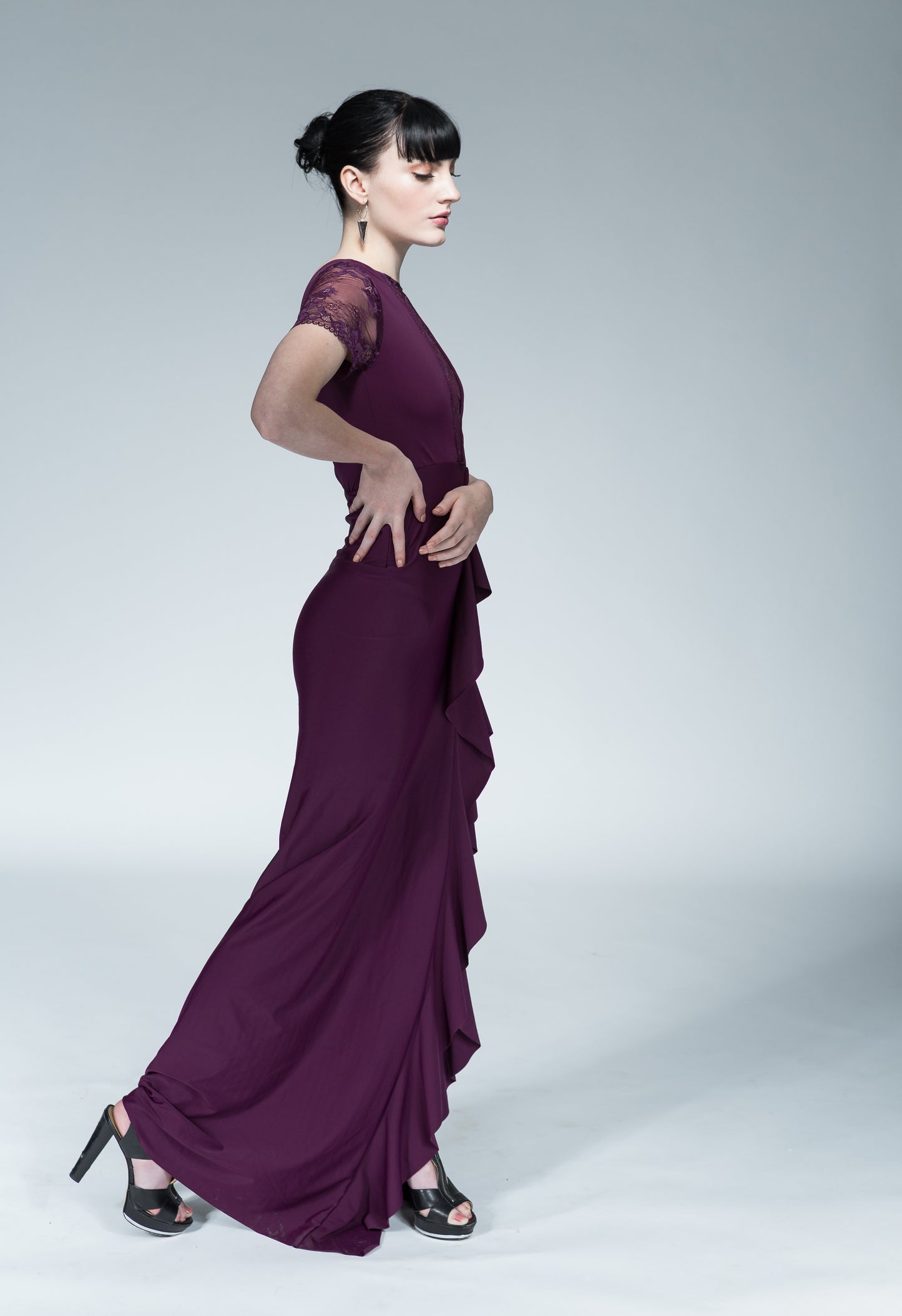 Merlot French Lace Ruffle Gown