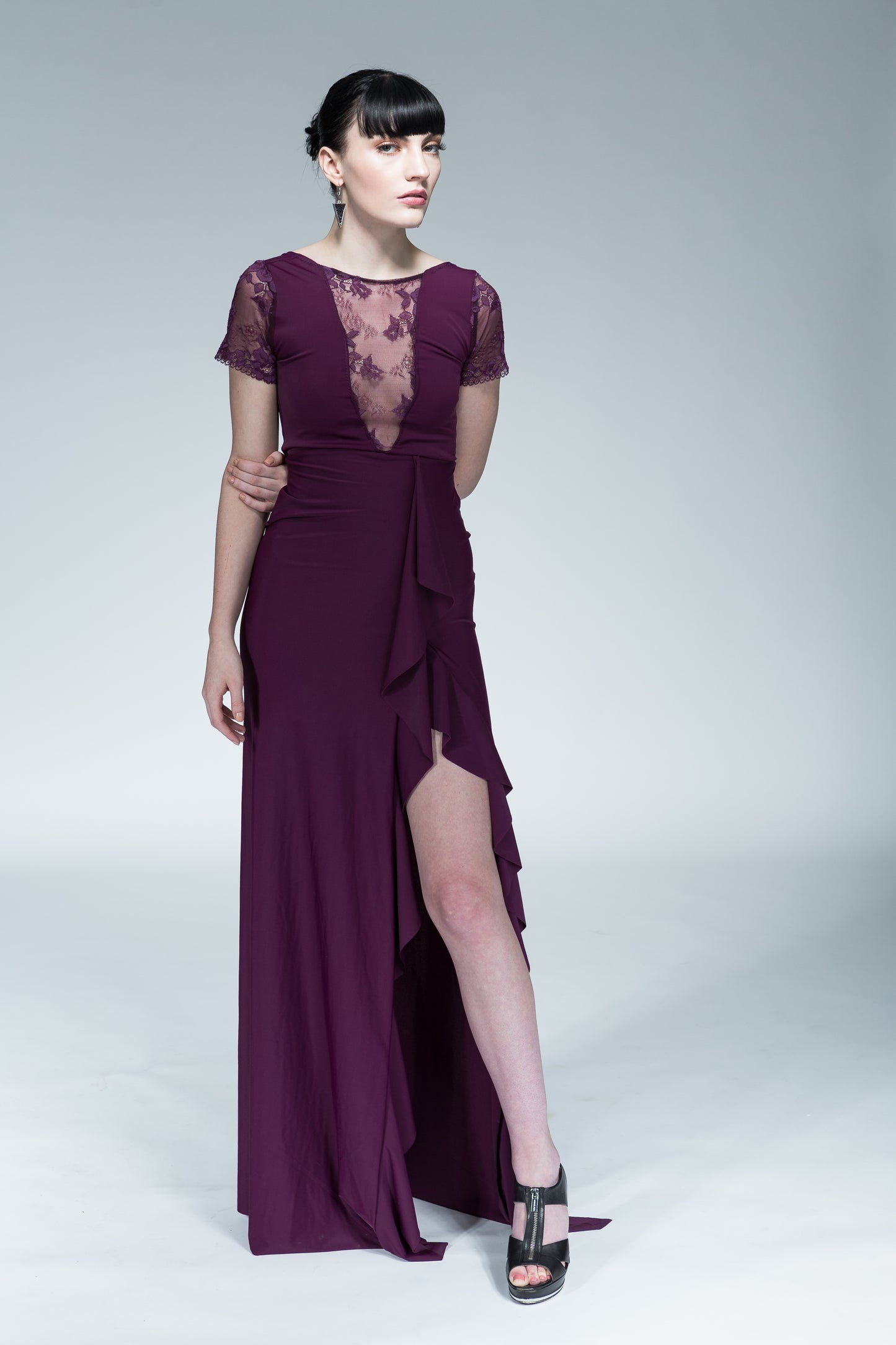 Merlot French Lace Ruffle Gown