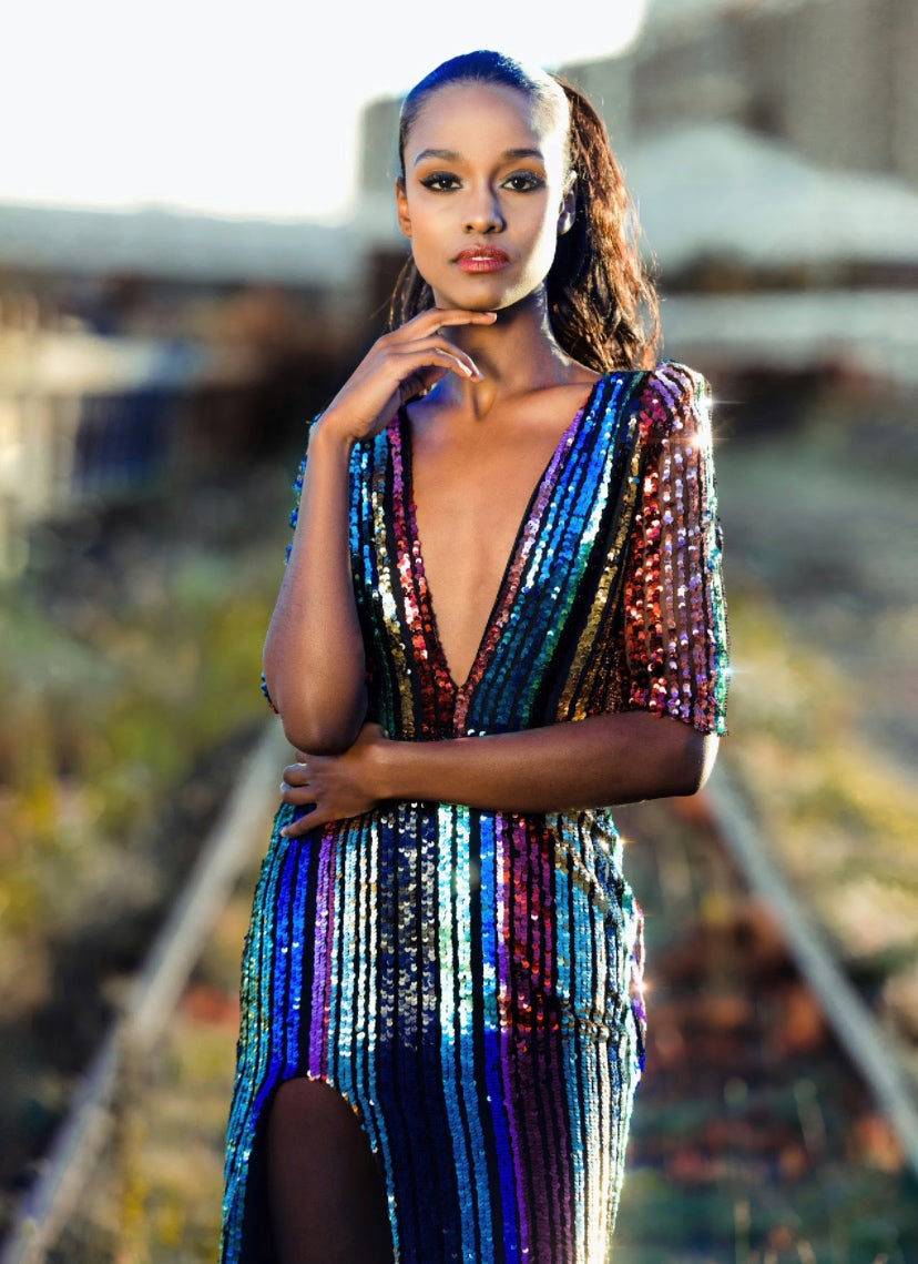 rainbow sequin gown